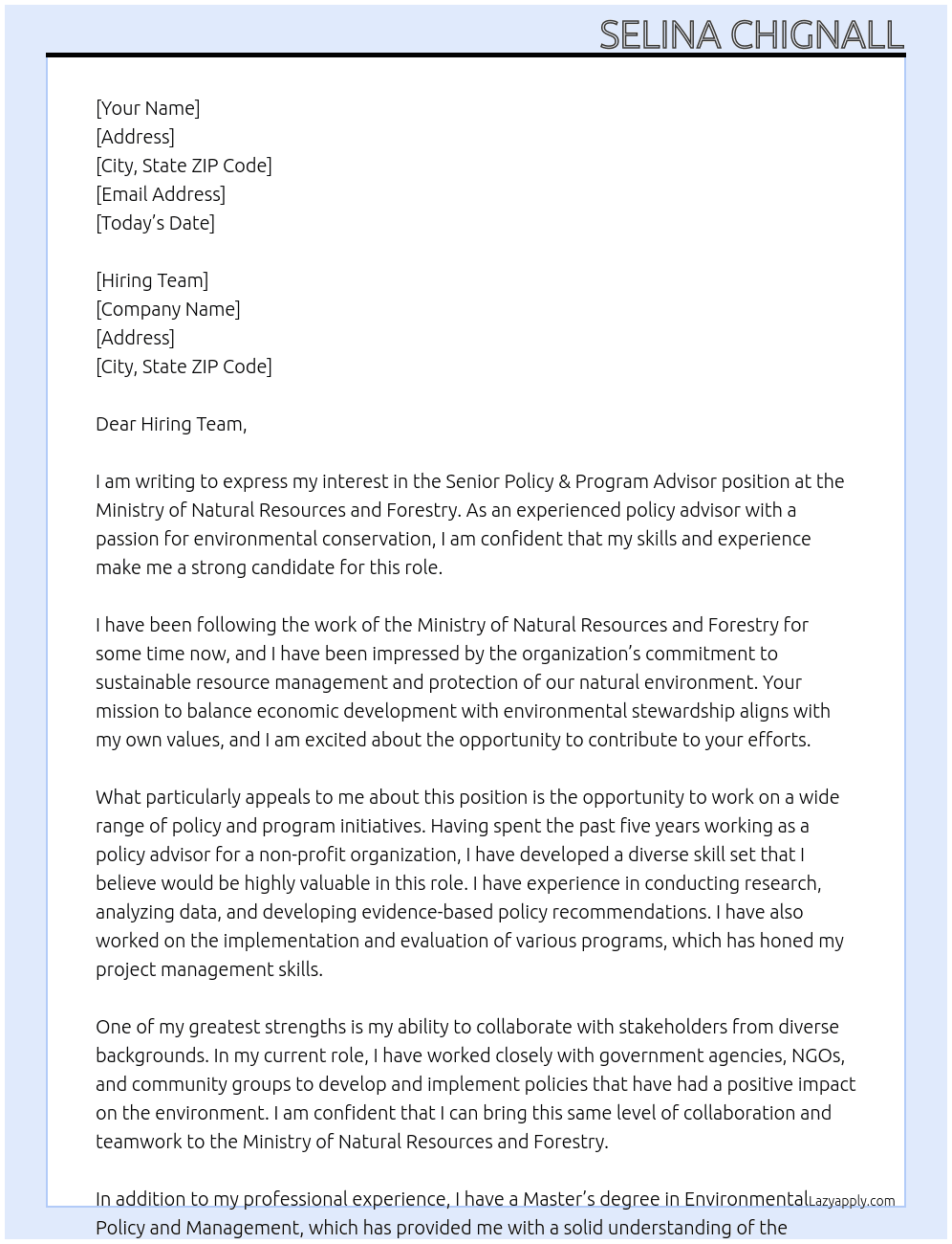 Senior Policy & Program Advisor At Ministry of Natural Resources and Forestry Cover Letter