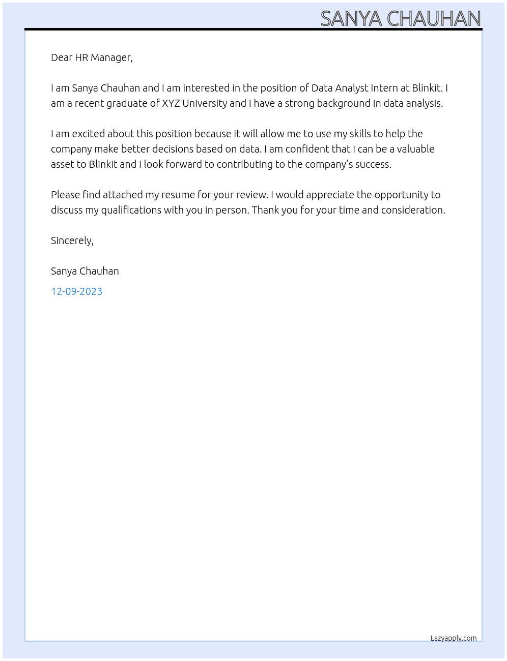 Data Analyst Intern At Blinkit  Cover Letter