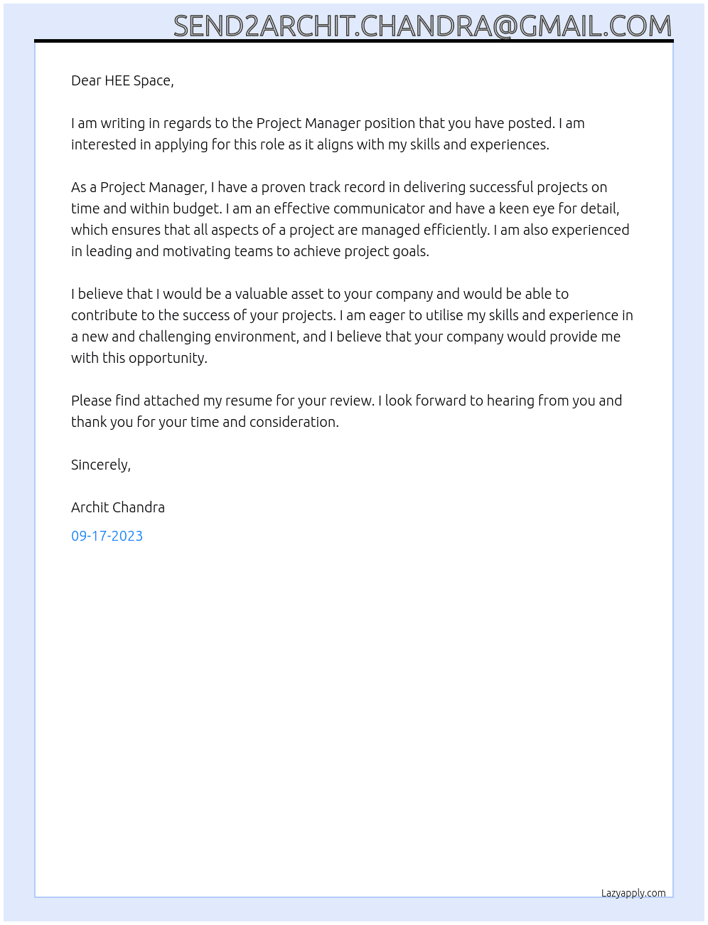 Project Manager At send2archit.chandra@gmail.com Cover Letter