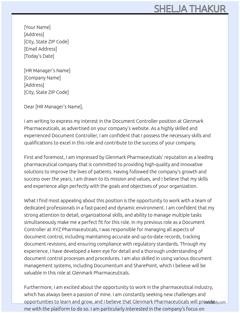 Document controller  At Glenmark Pharmaceuticals  Cover Letter