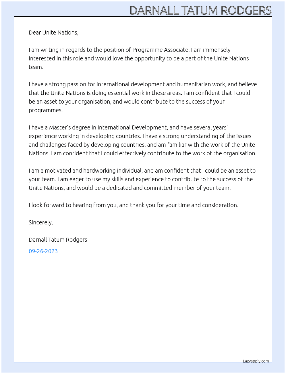 programme associate At Unite Nations Cover Letter