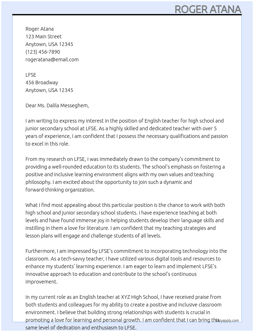 Englsih teacher for high school and junior secondary school At LFSE Cover Letter