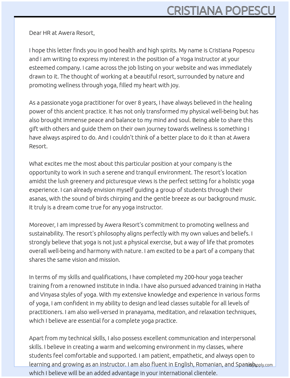 yoga instructor At Awera Resort Cover Letter