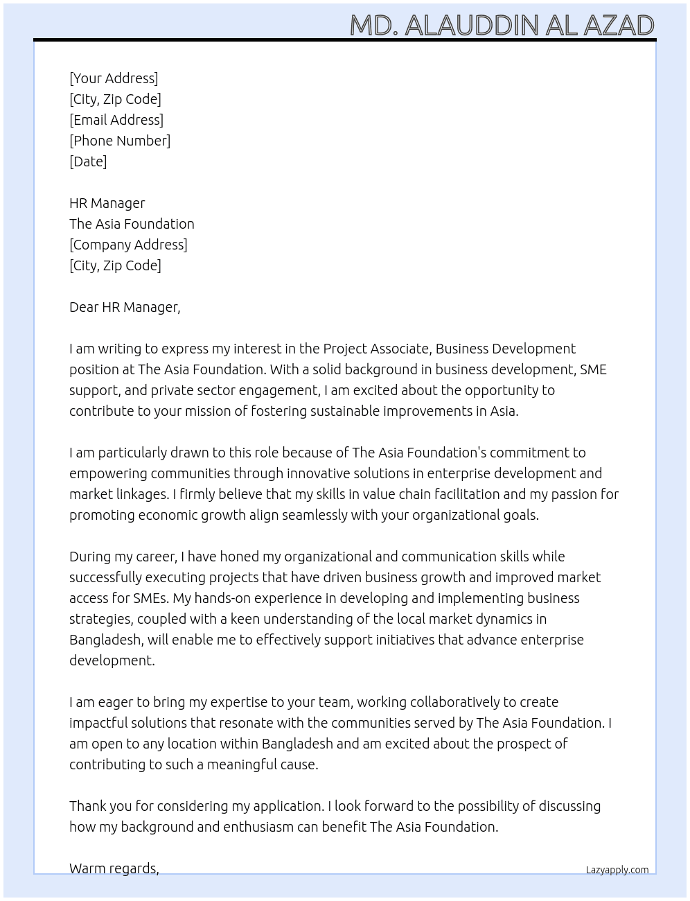 Project Associate, Business Development At The Asia Foundation Cover Letter
