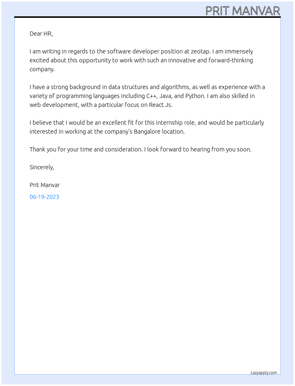 Software Developer At zeotap Cover Letter