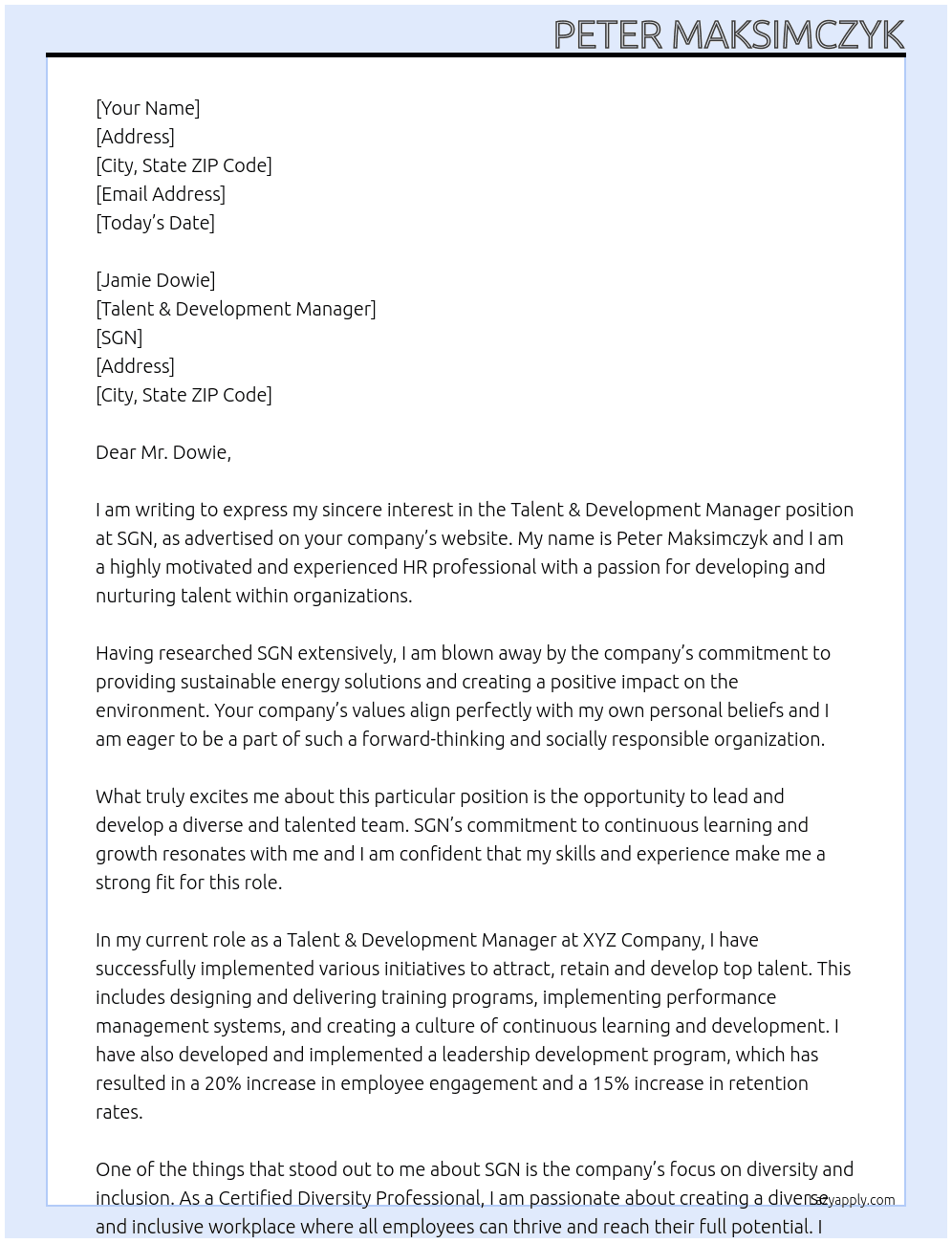 Talent & Development Manager At SGN Cover Letter