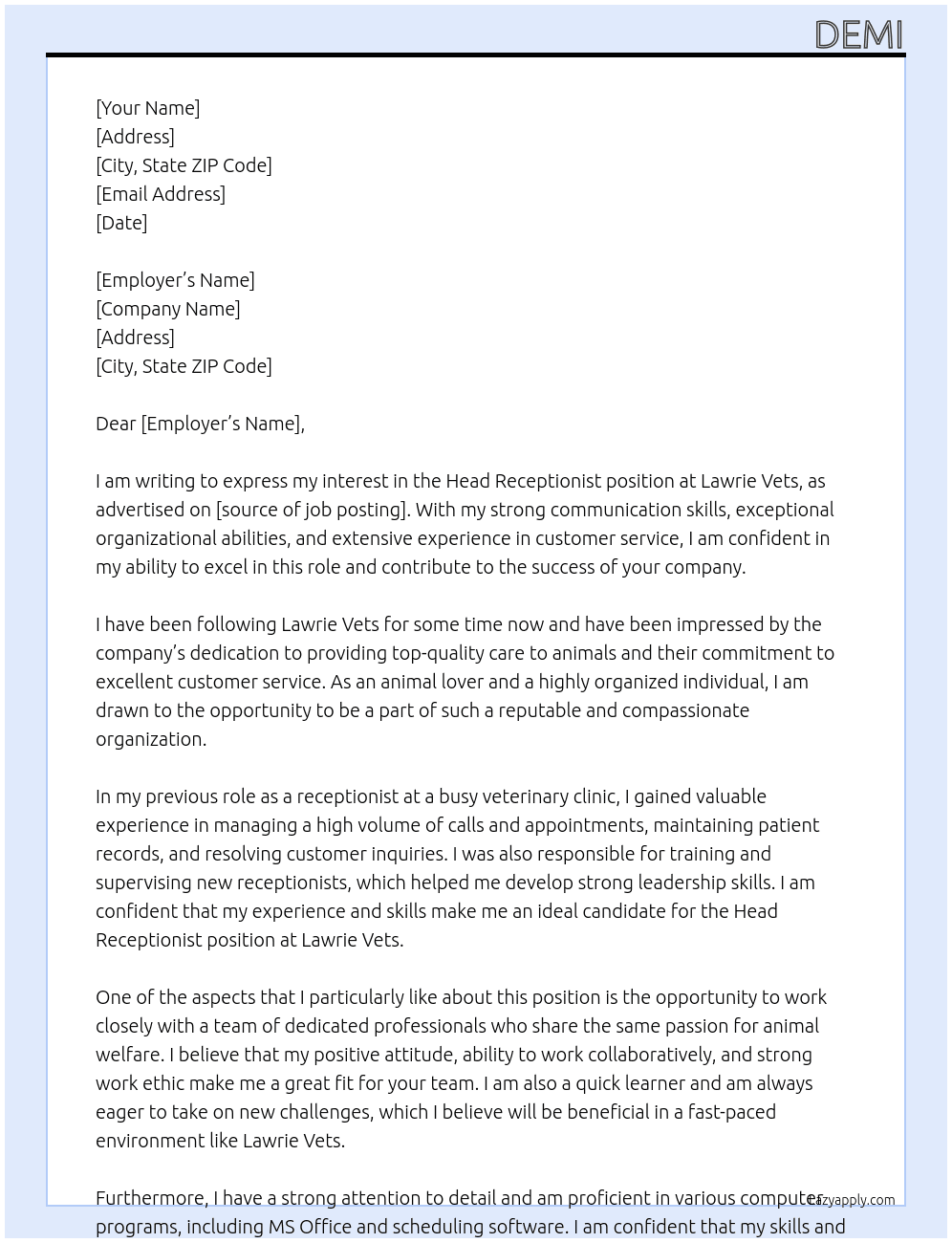 Cover letter for head receptionist - LazyApply