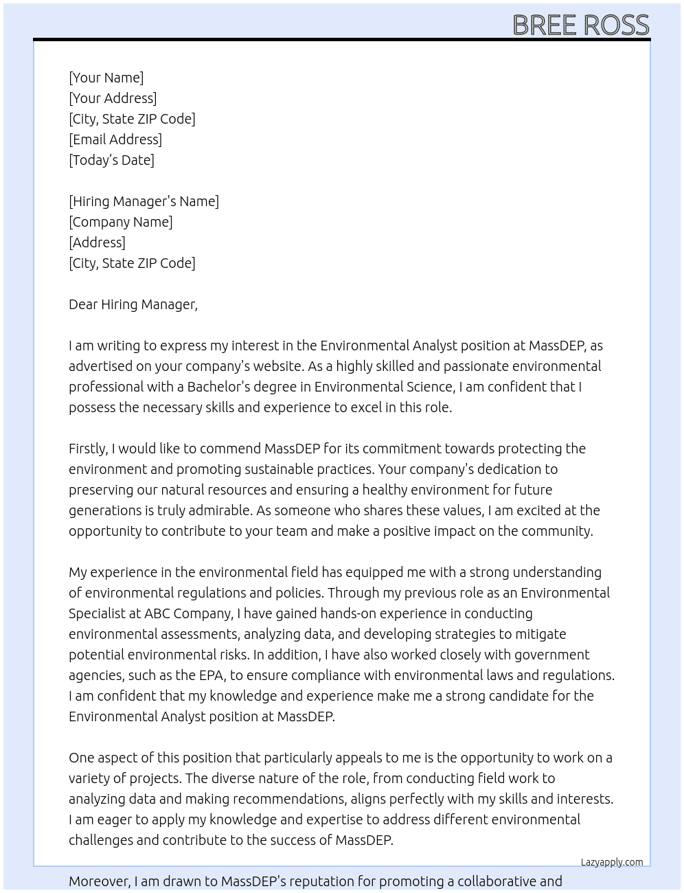 Environmental Analyst At MassDEP Cover Letter