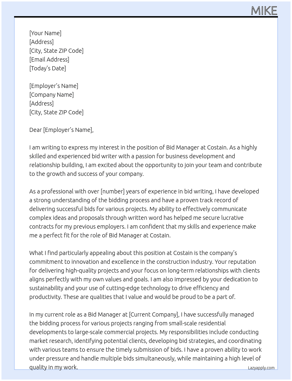 bid manager At costain Cover Letter