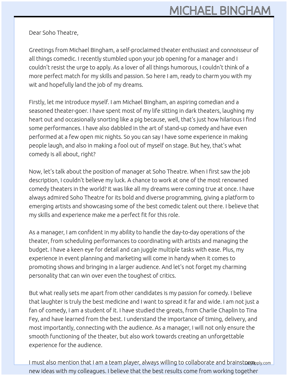 manager At soho theatre Cover Letter