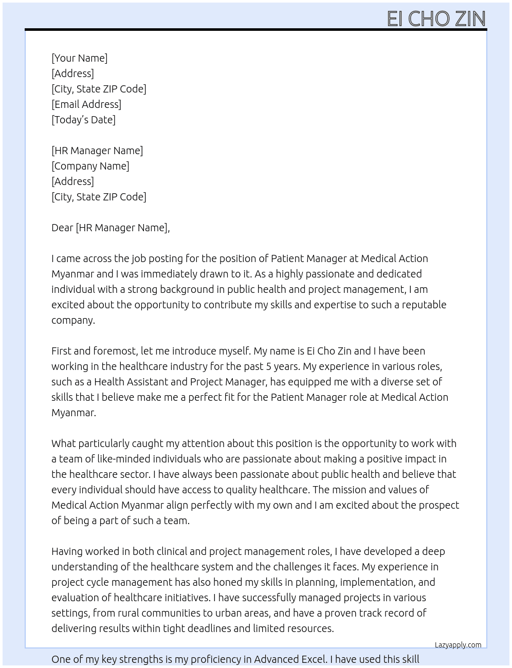 Patient Manager At Medical Action Myanmar Cover Letter