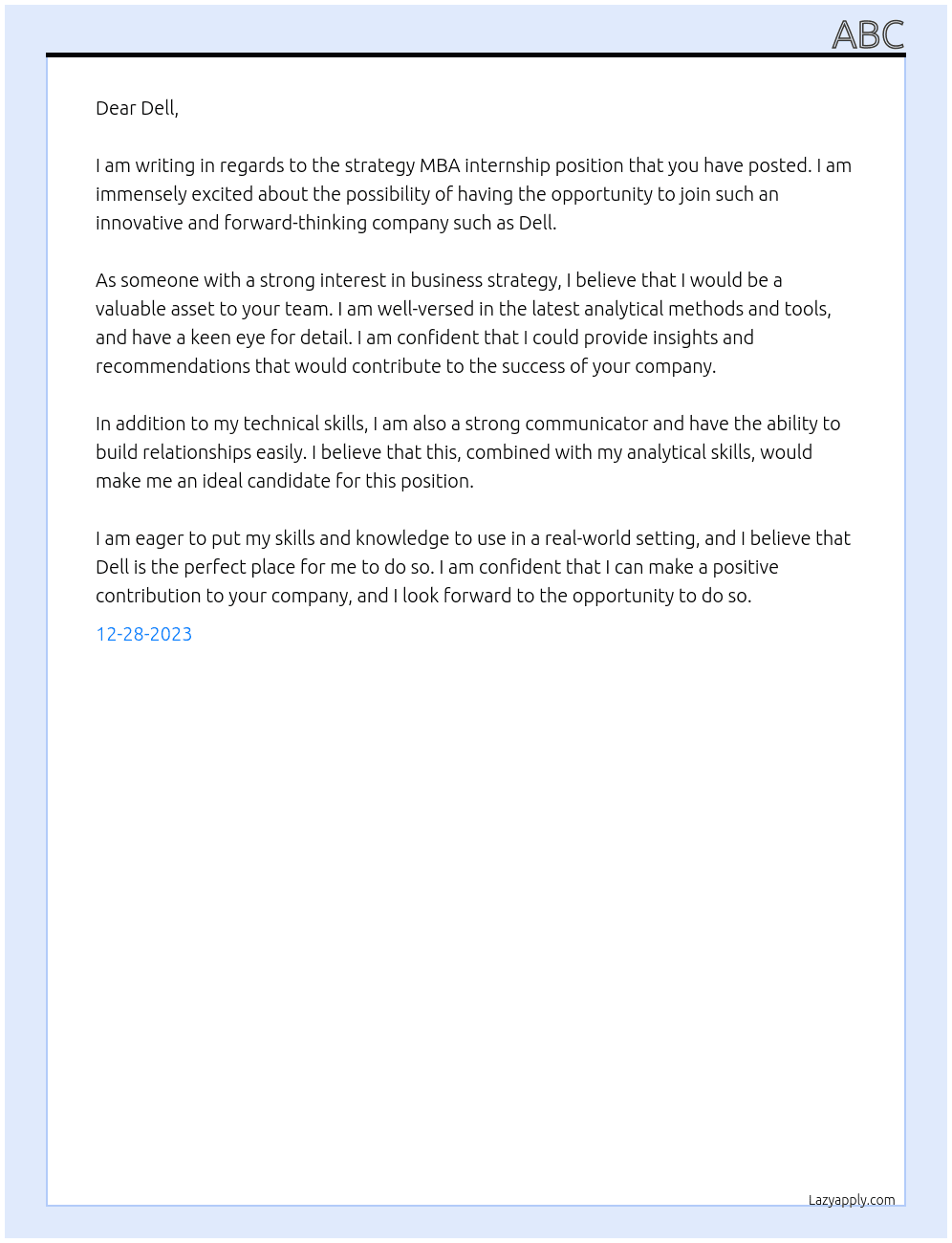 Strategy MBA Internship At Dell Cover Letter