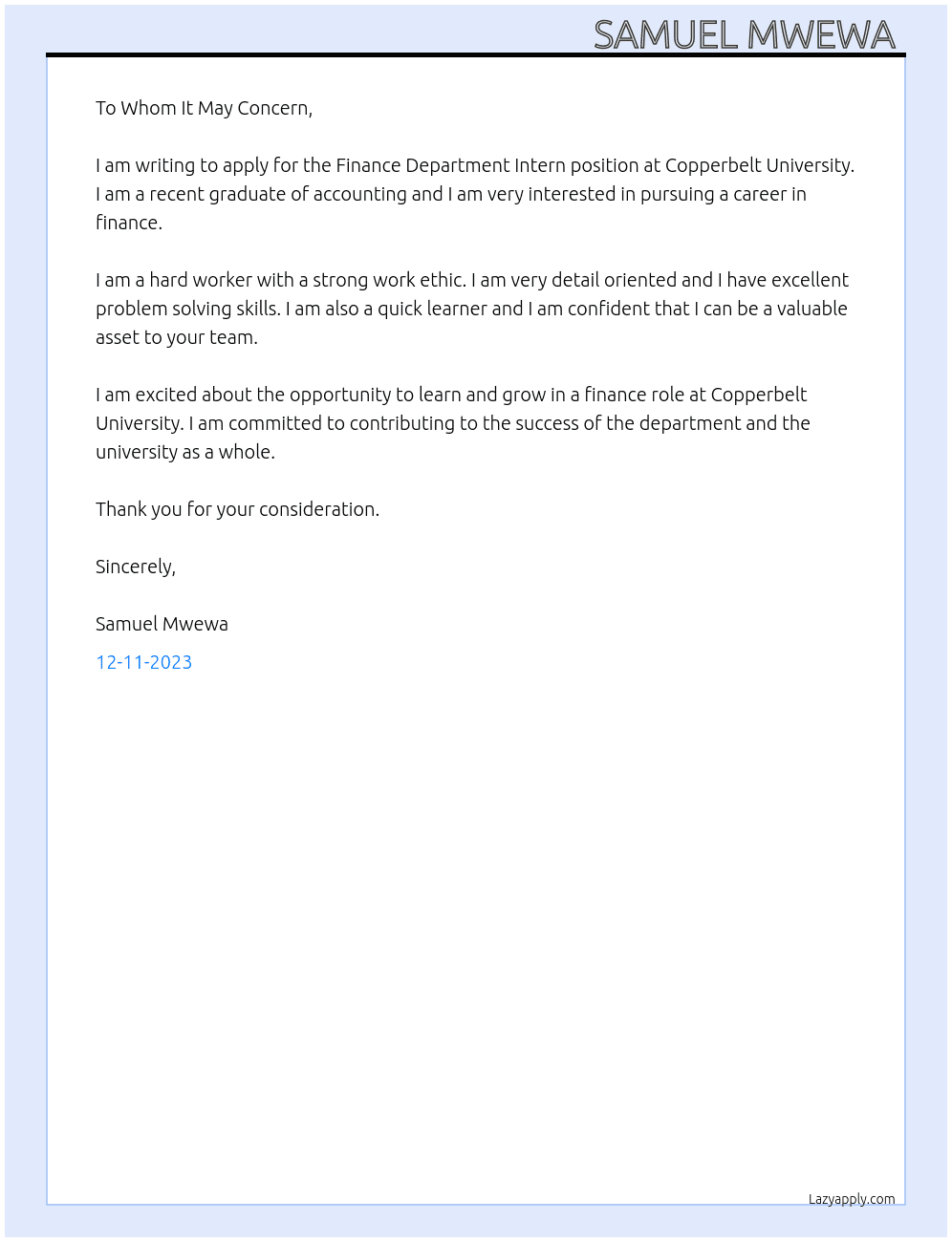 Finance Department Intern At Copperbelt University  Cover Letter