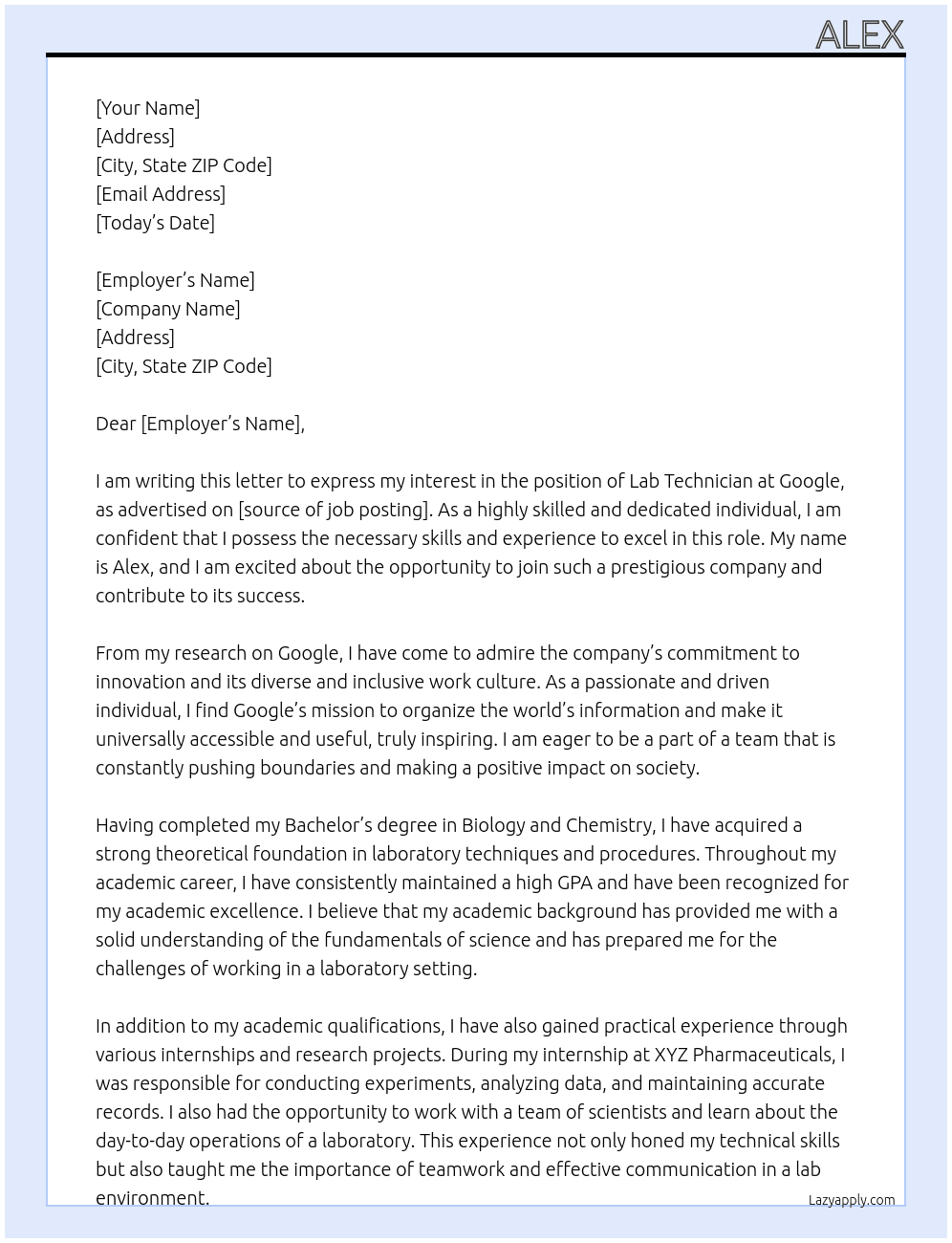Lab technician  At Google  Cover Letter