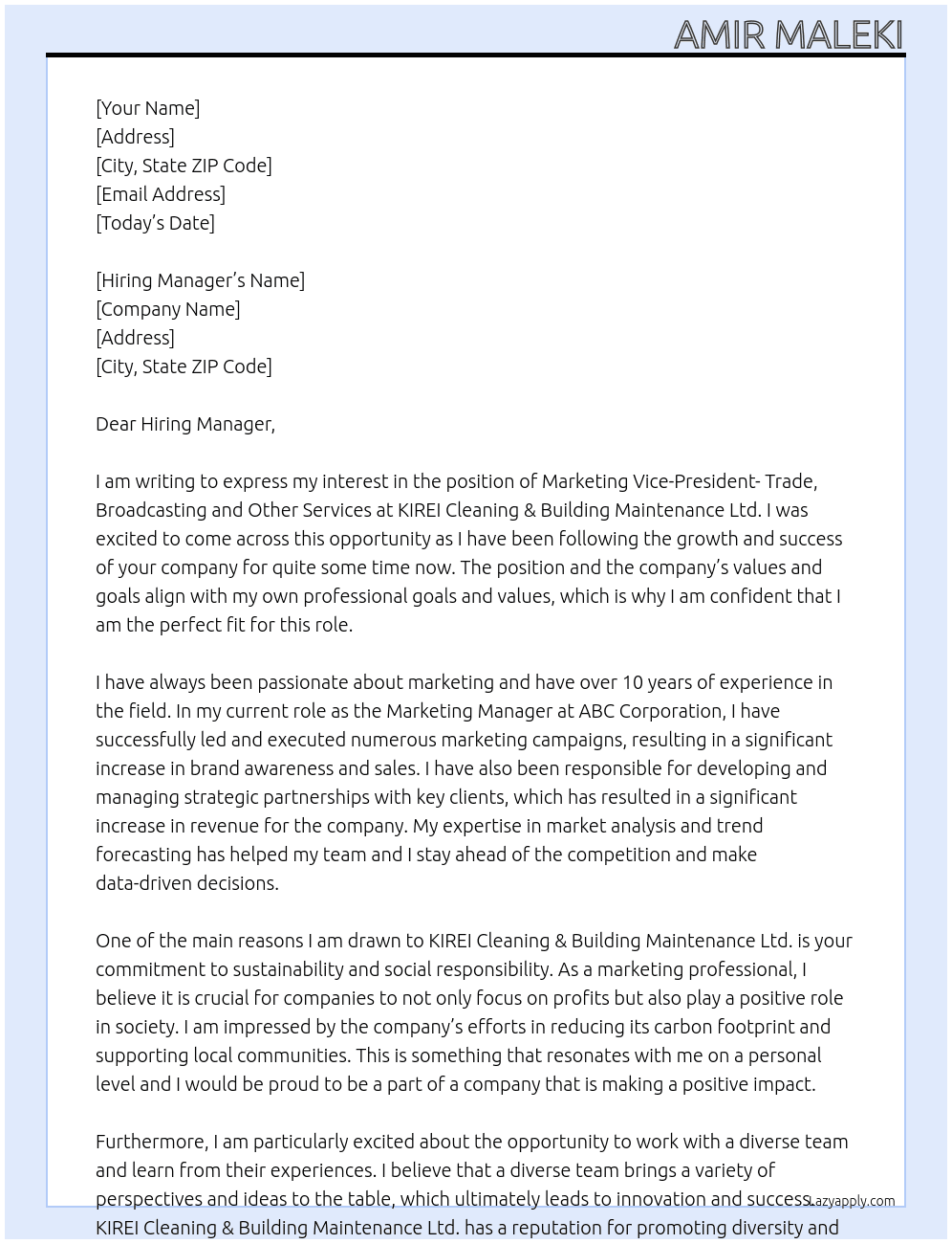 Marketing vice-president - trade, broadcasting and other services At KIREI Cleaning & Building Maintenance Ltd. Cover Letter