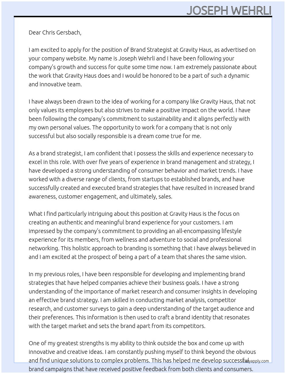 Brand Strategist  At Gravity Haus  Cover Letter