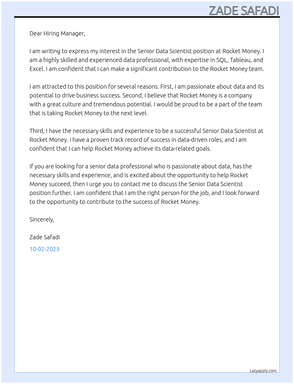 Senior Data Scientist At Rocket Money Cover Letter