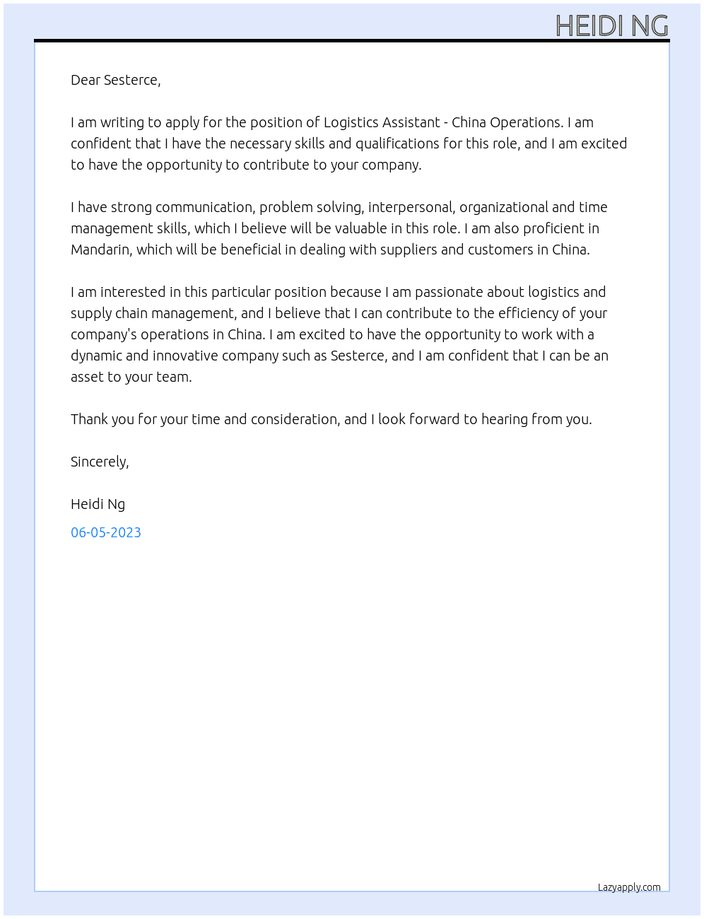 Logistics Assistant - China Operations  At Sesterce Cover Letter
