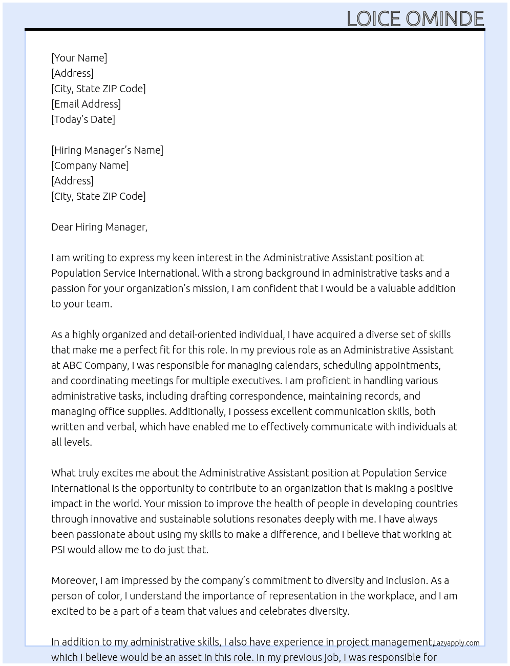 Administrative assistant  At Population Service International  Cover Letter