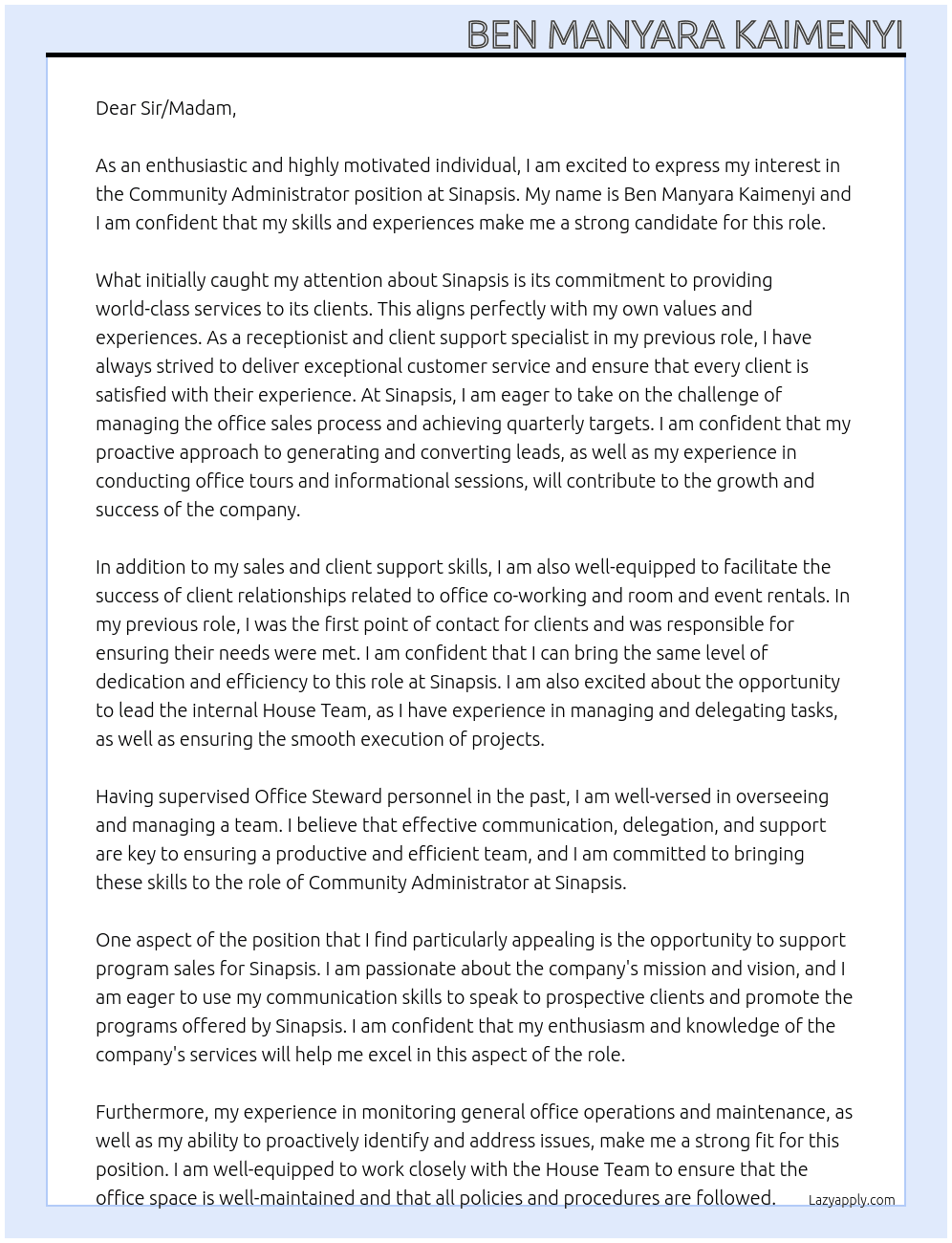 Community administrator At Sinapsis Cover Letter