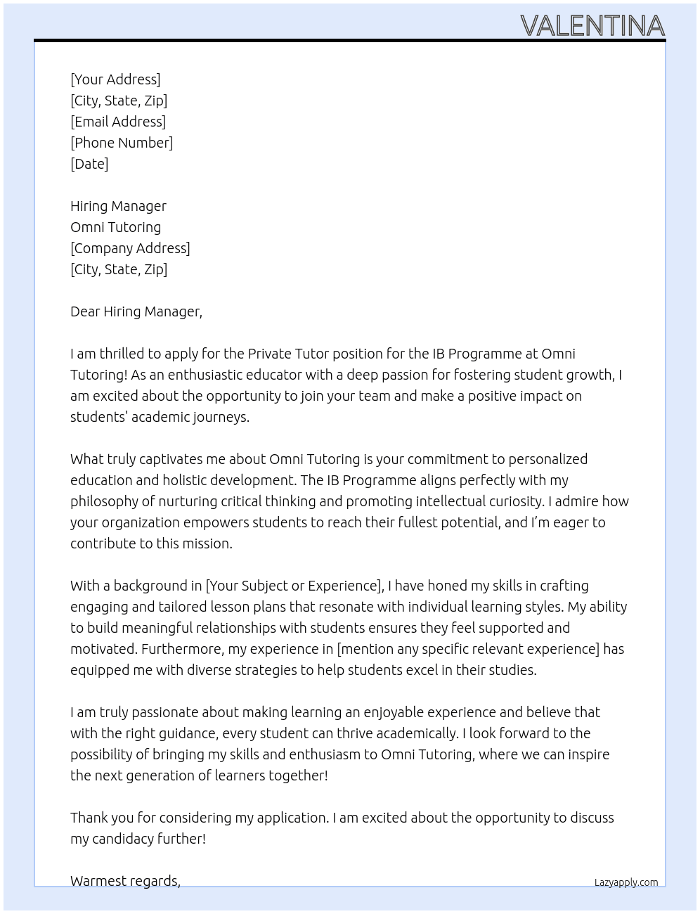Cover letter for private tutor ib programme - LazyApply