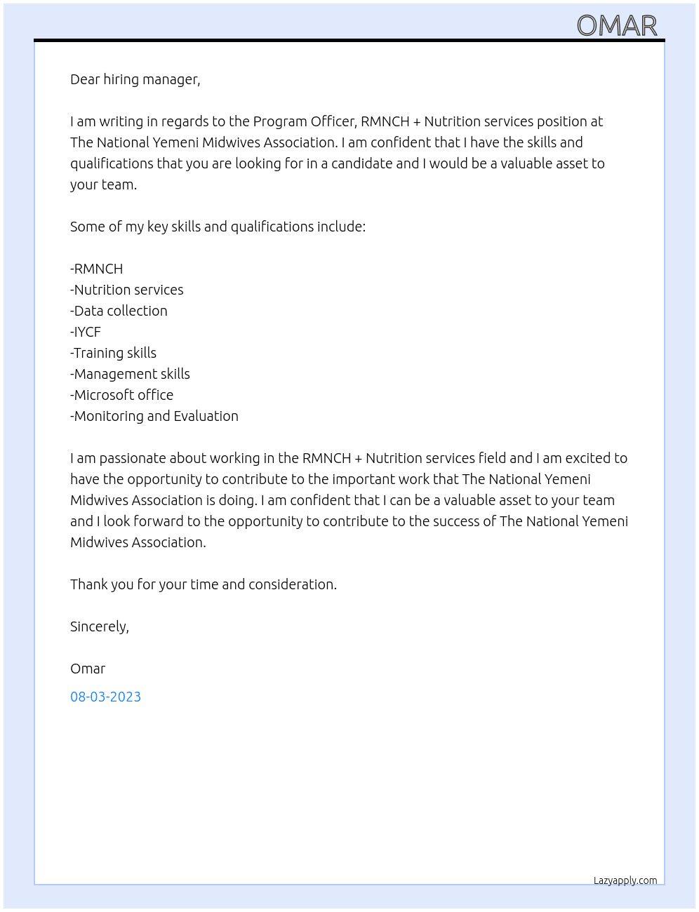 Program Officer, RMNCH + Nutrition services  At The National Yemeni Midwives Association  Cover Letter