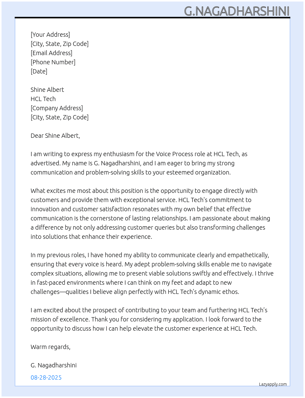 Voice process role At HCL Tech Cover Letter