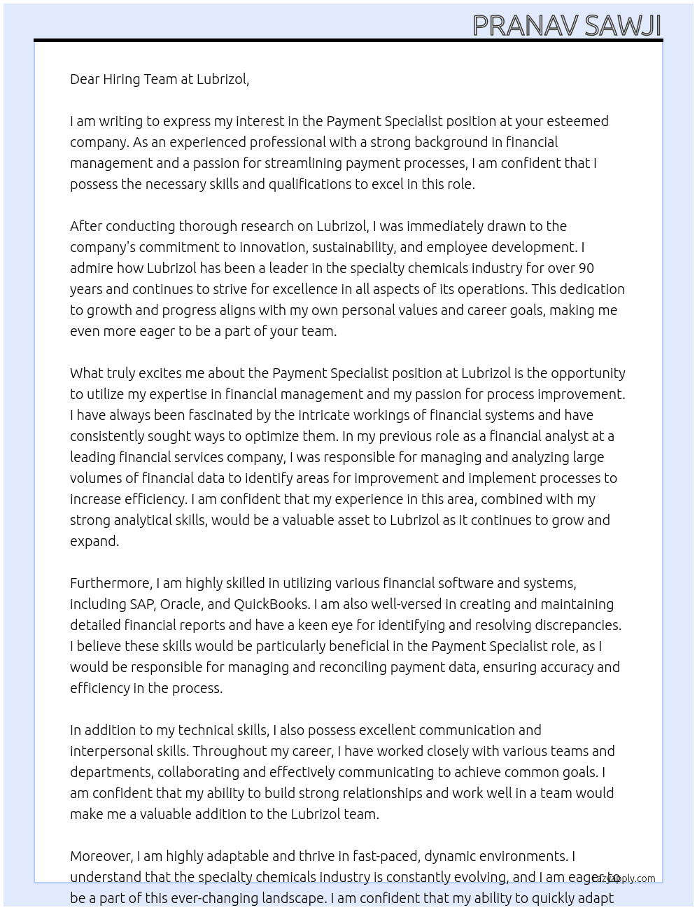 Payment Specialist At Lubrizol Cover Letter