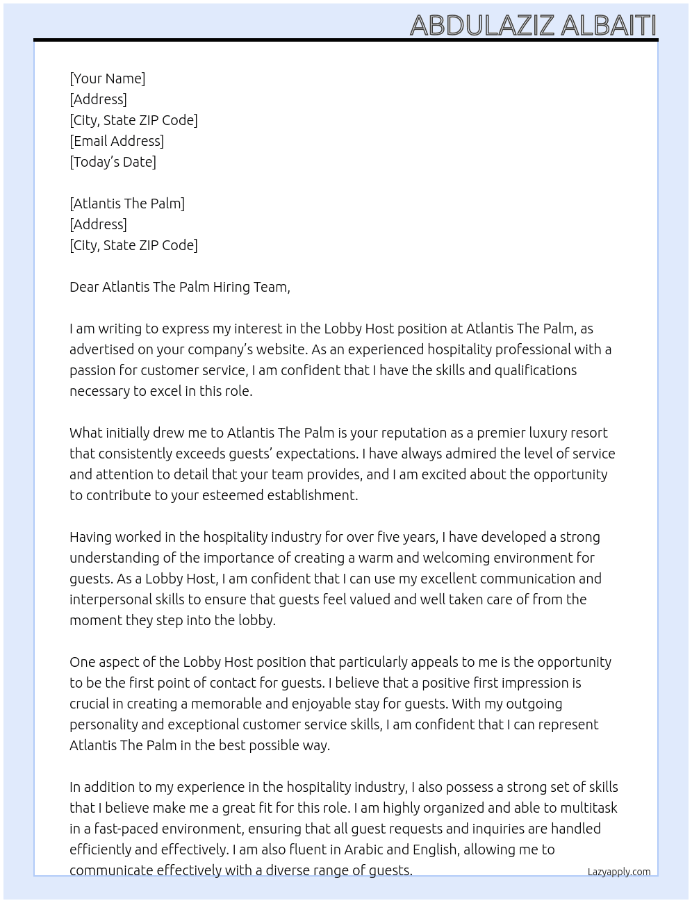 Lobby host  At Atlantis The Palm Cover Letter