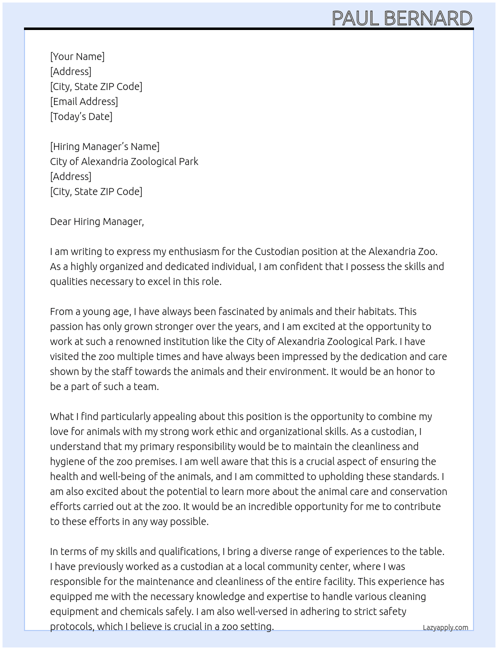 Custodian at the Alexandria zoo At City of Alexandria zoological Park Cover Letter