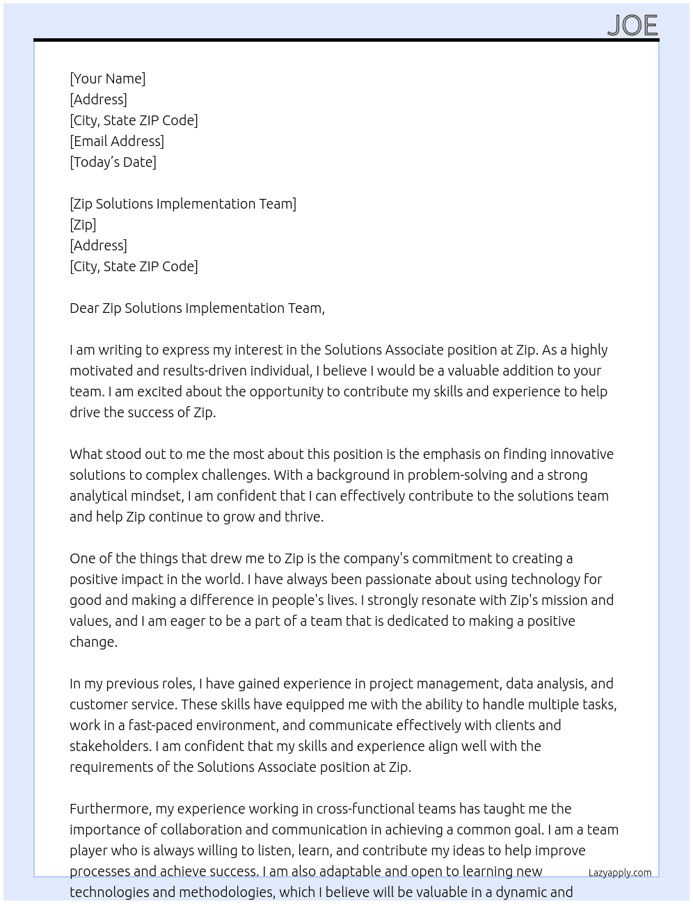 Solutions Associate At Zip Cover Letter