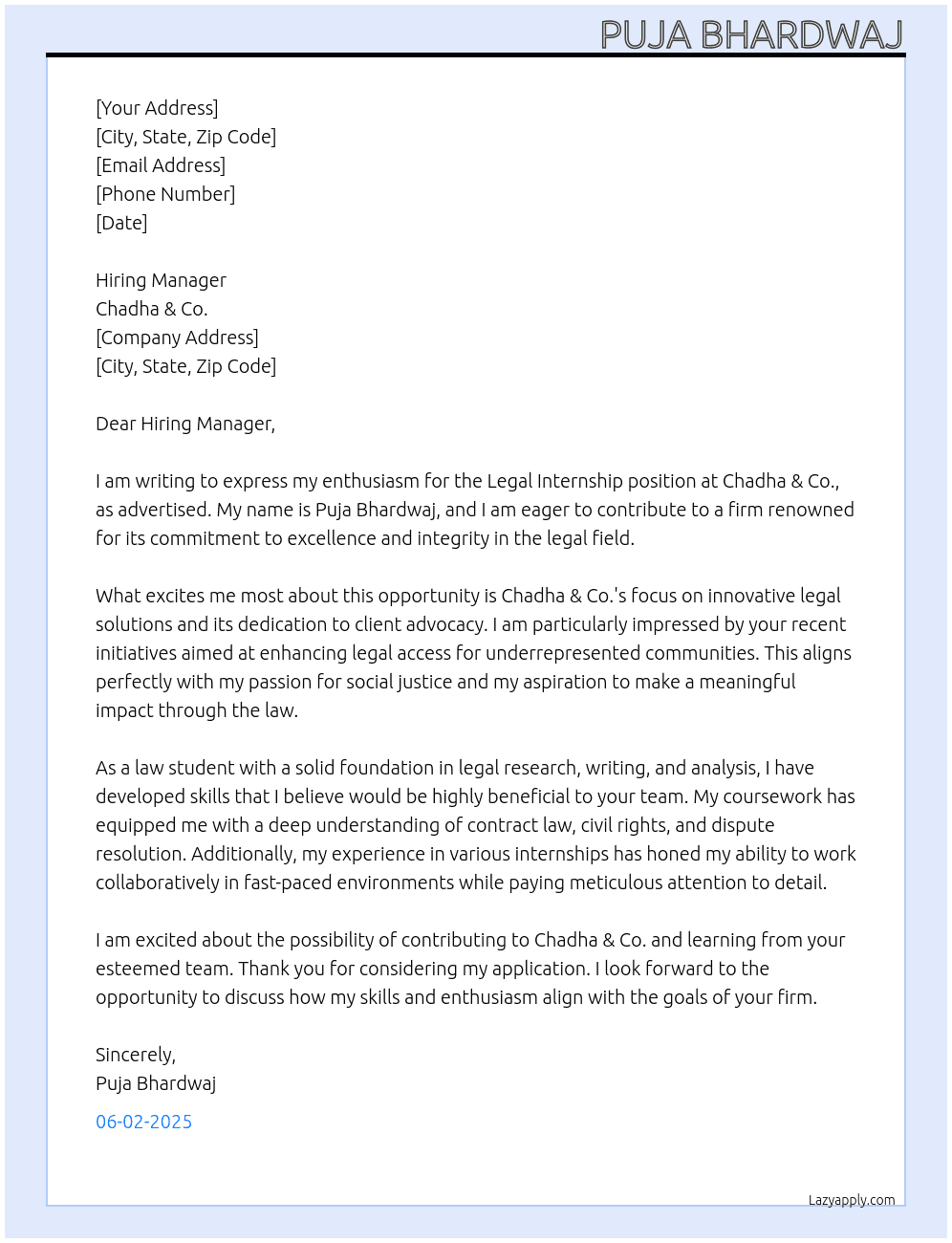 Legal internship At Chadha & Co. Cover Letter