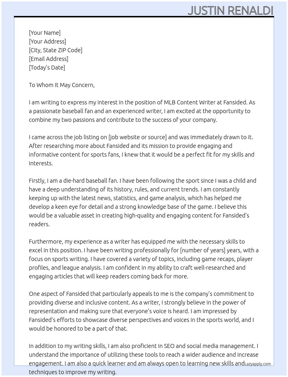 MLB Content Writer At Fansided Cover Letter