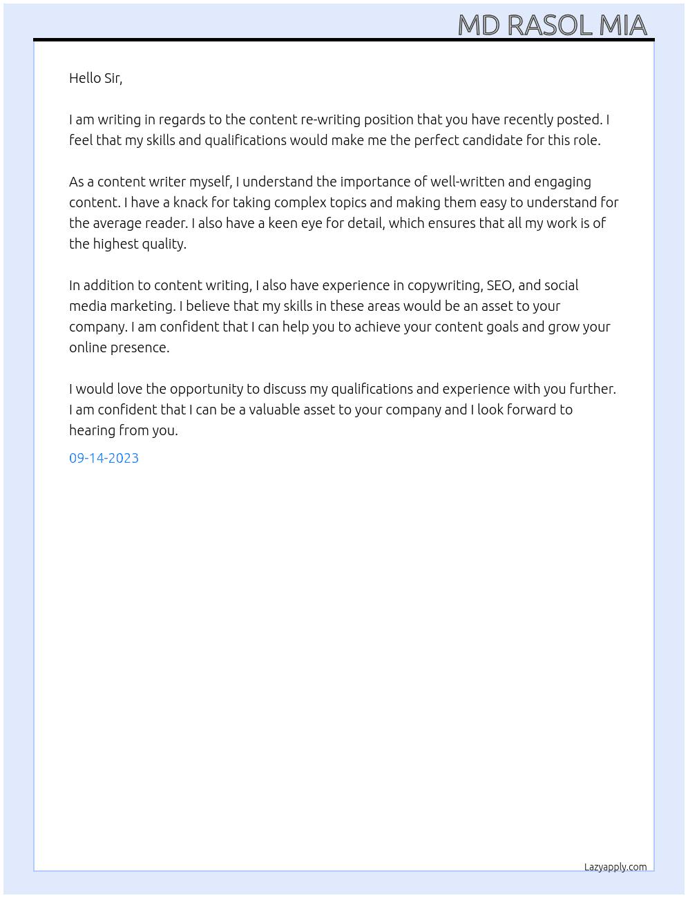 Content re writing  At Project  Cover Letter