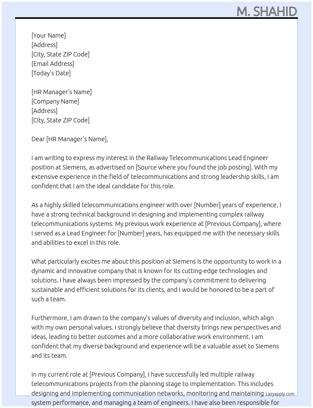 Cover letter for railway telecommunications lead engineer - LazyApply