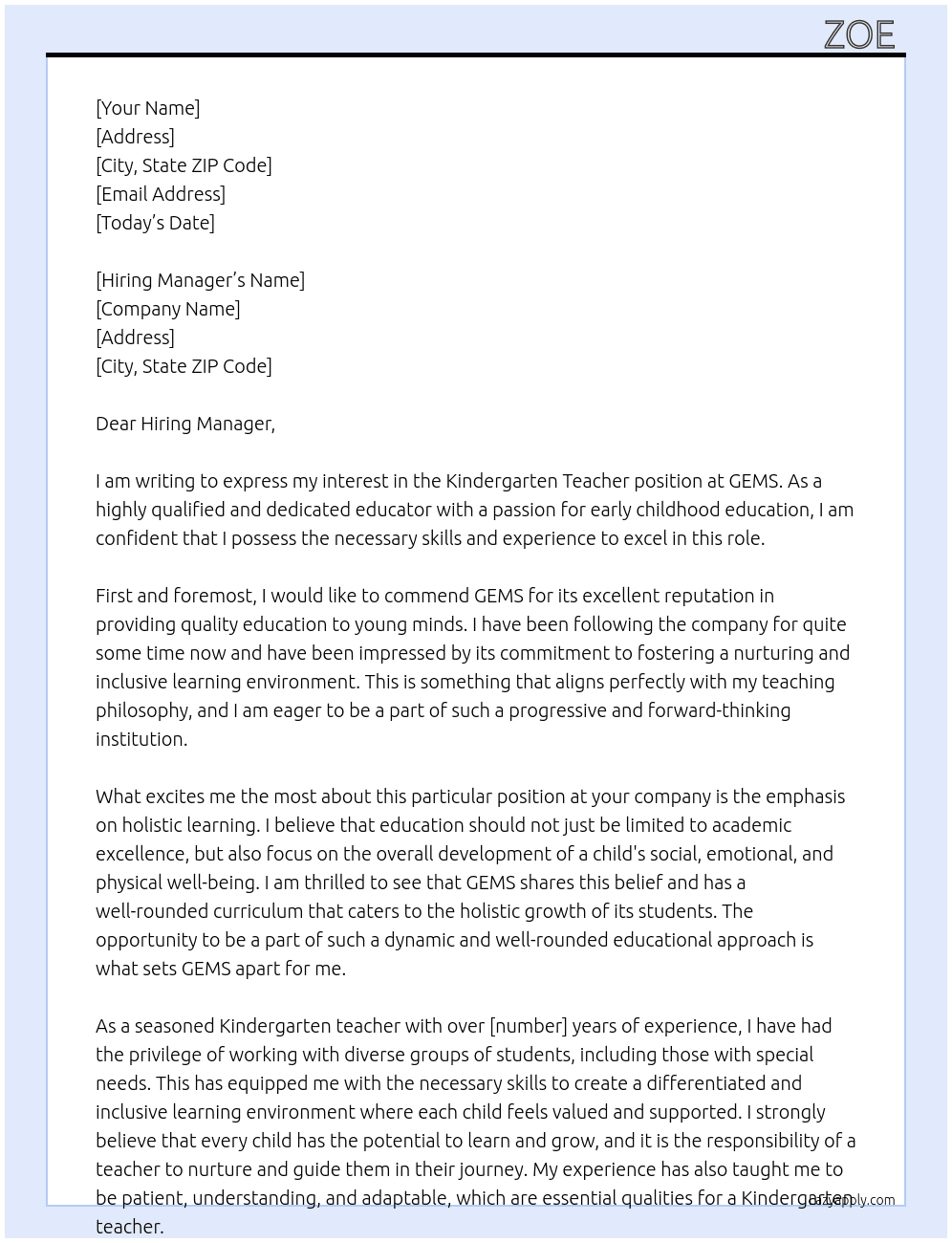 Kindergarten teacher At GEMS Cover Letter