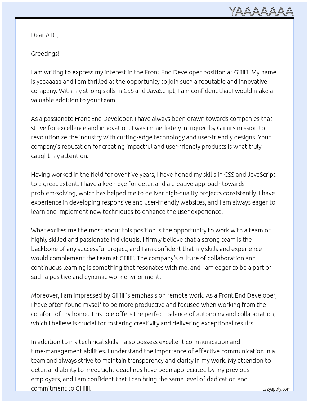 front end develoepr At giiiiiii Cover Letter