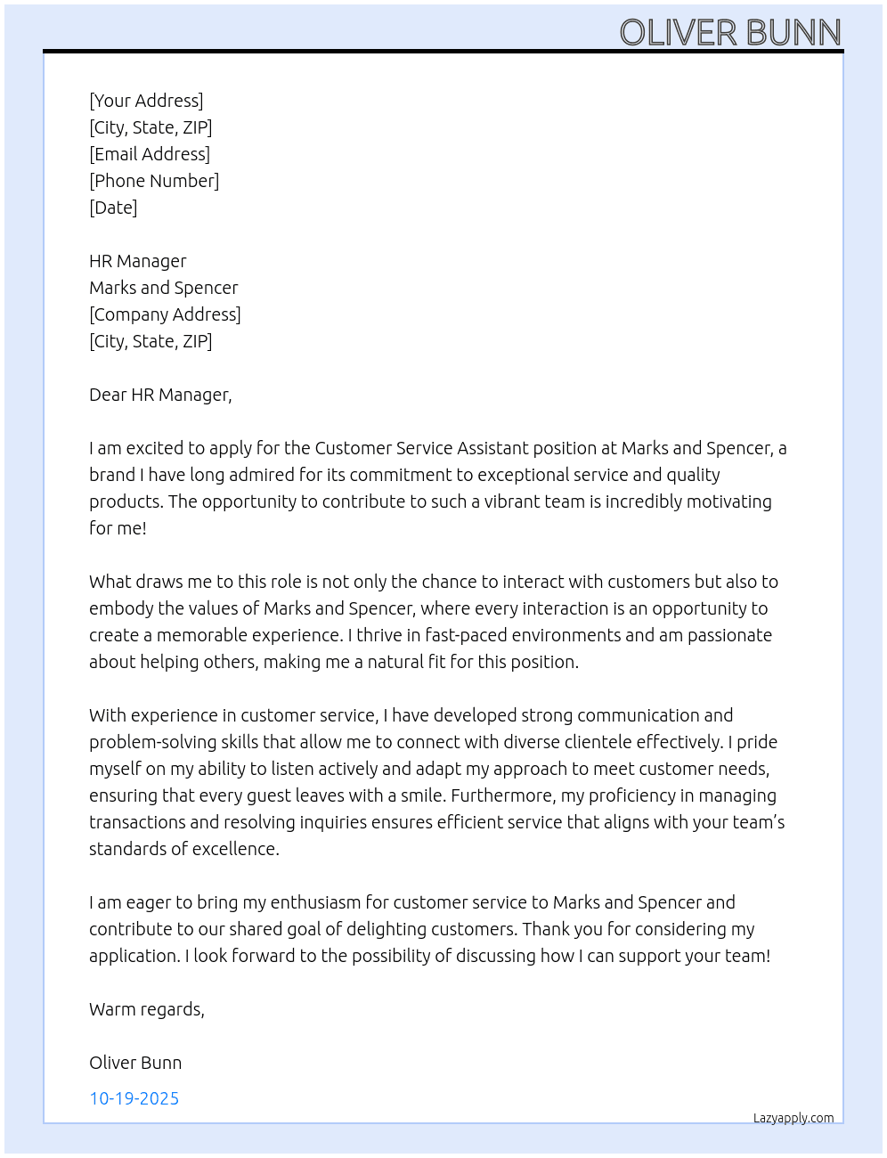 customer service assistant At Marks and Spencer Cover Letter