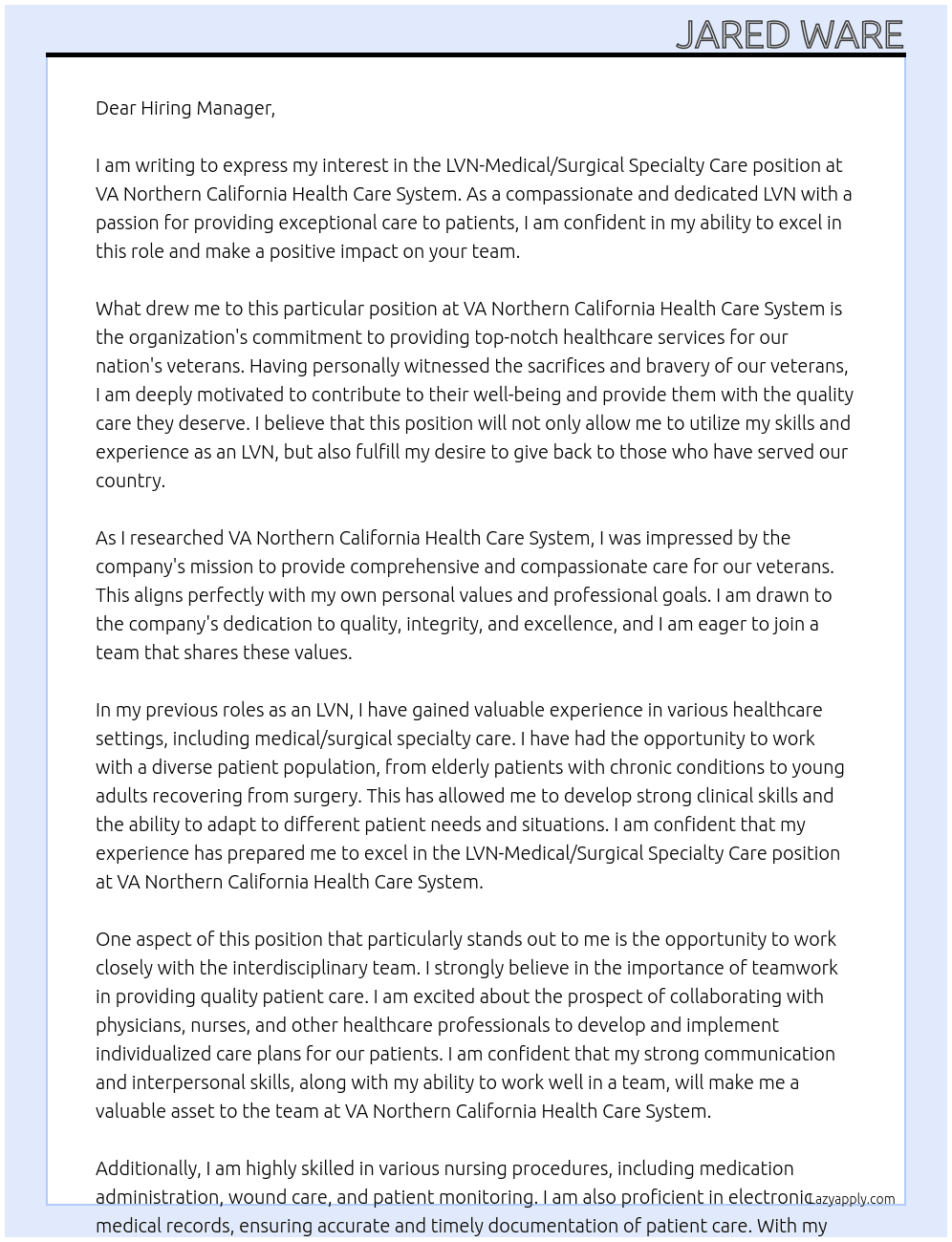 LVN-Medical/Surgical Specialty Care At VA Northern California Health Care System Cover Letter