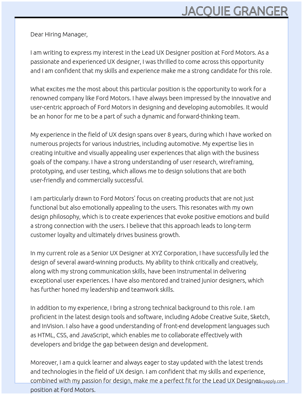 Lead UX Designer At Ford Motors Cover Letter