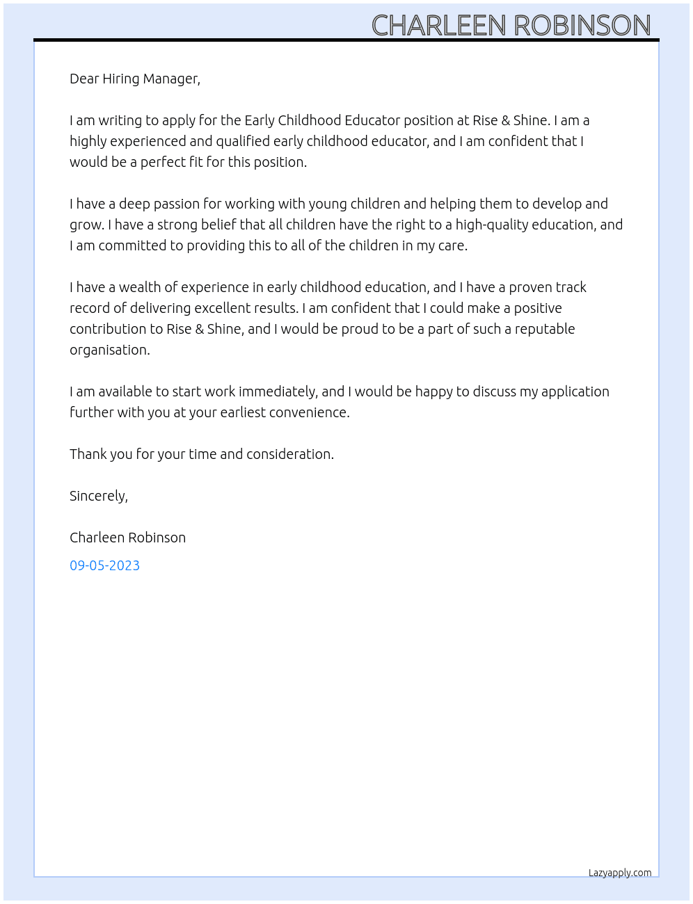 Early childhood educator  At Rise & Shine Cover Letter