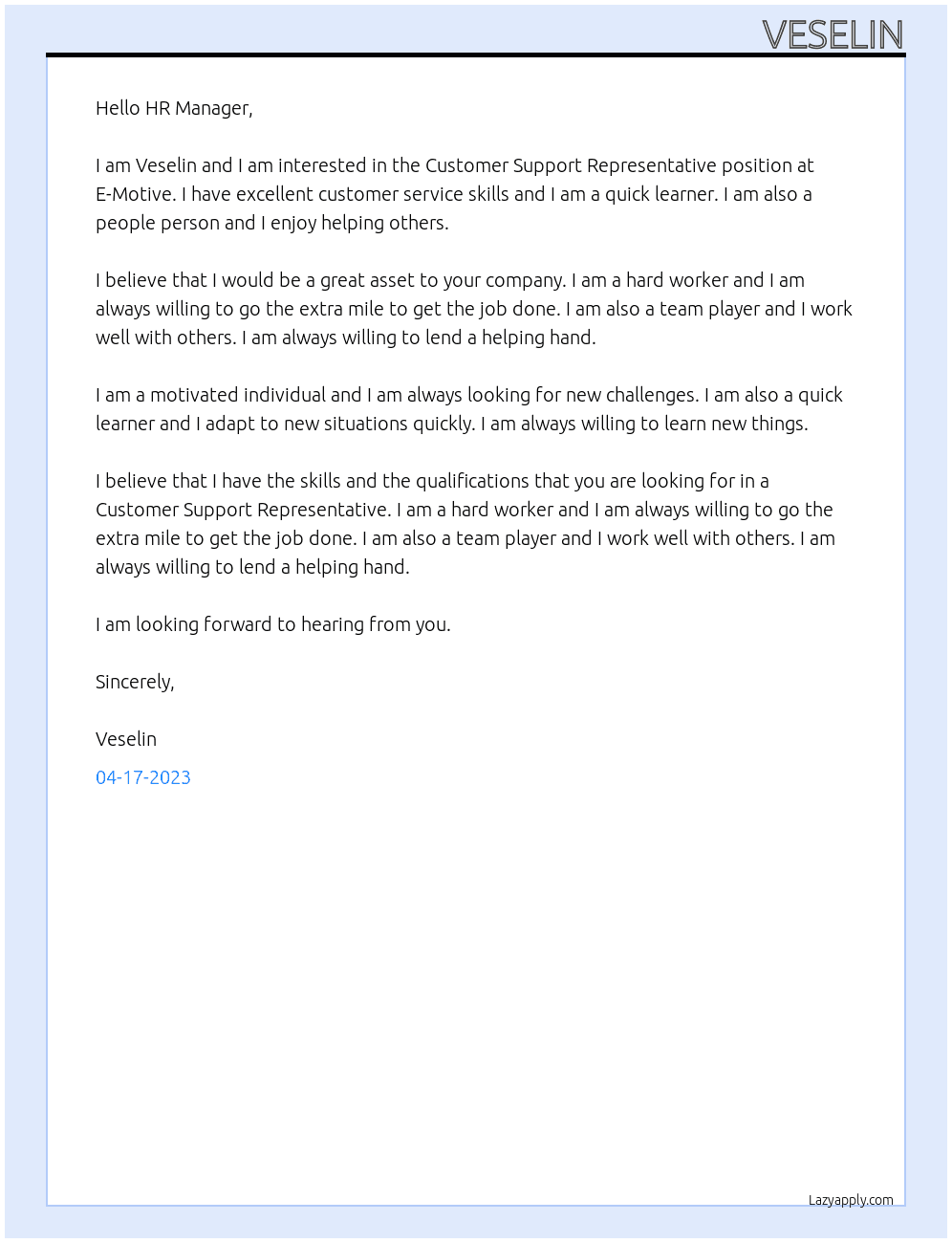 Customer Support Representative At E-Motive Cover Letter