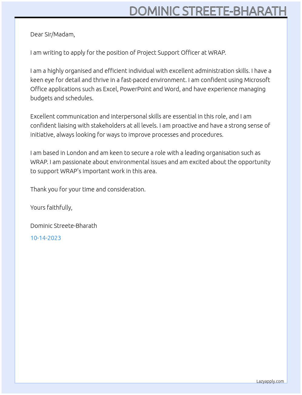 Project support officer  At WRAP Cover Letter
