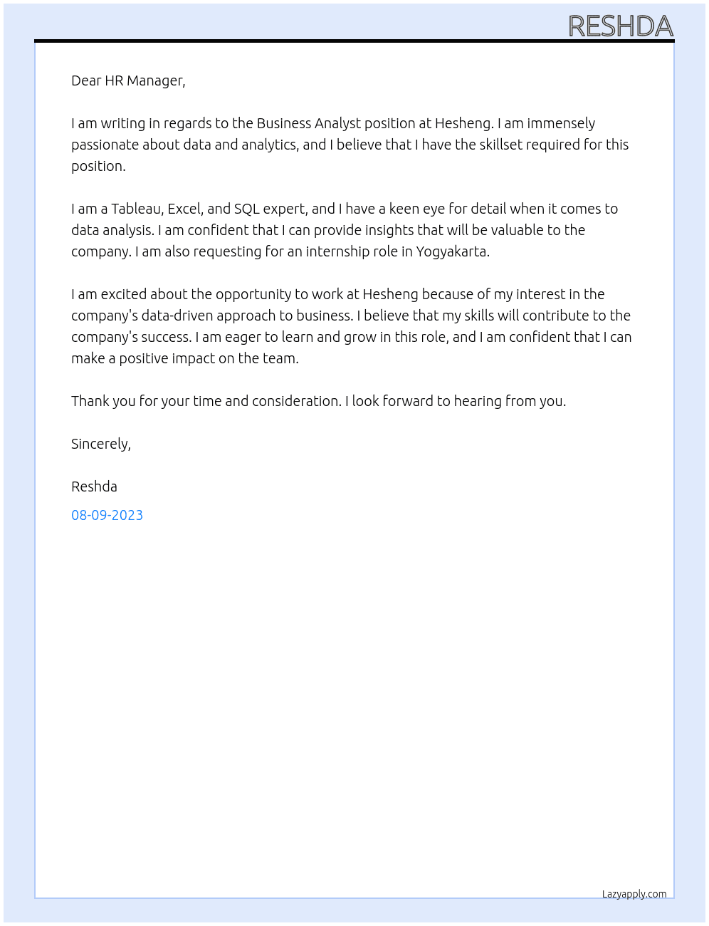 Business Analyst At Hesheng Cover Letter