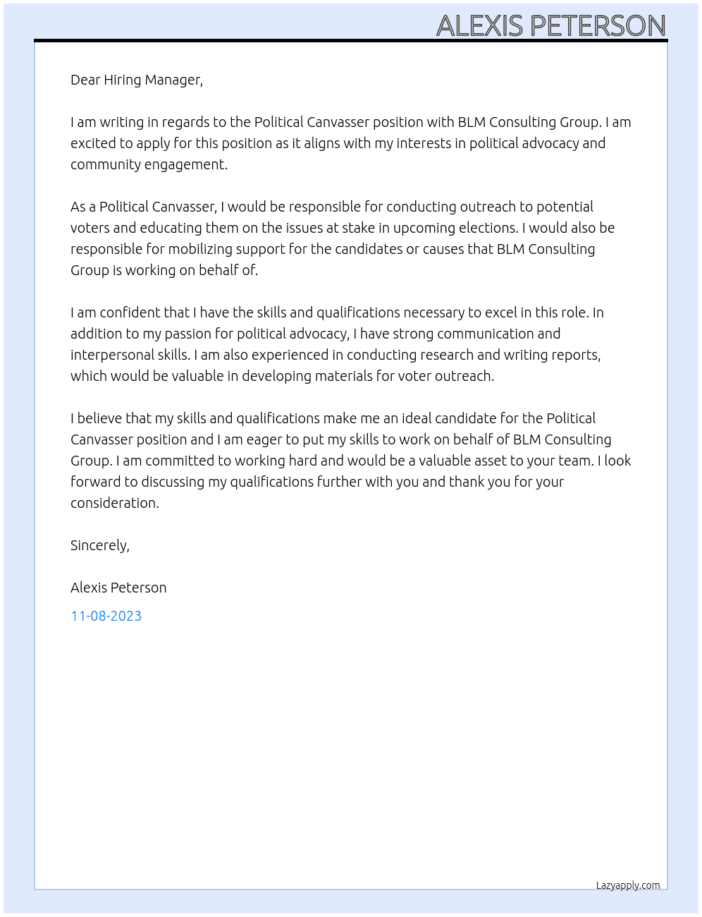 Political Canvasser At BLM Consulting Group Cover Letter
