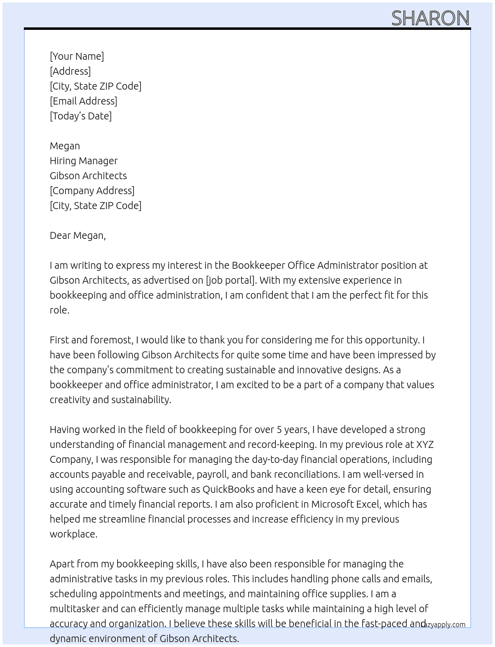 Bookkeeper Office Administrator  At Gibson Architects Cover Letter