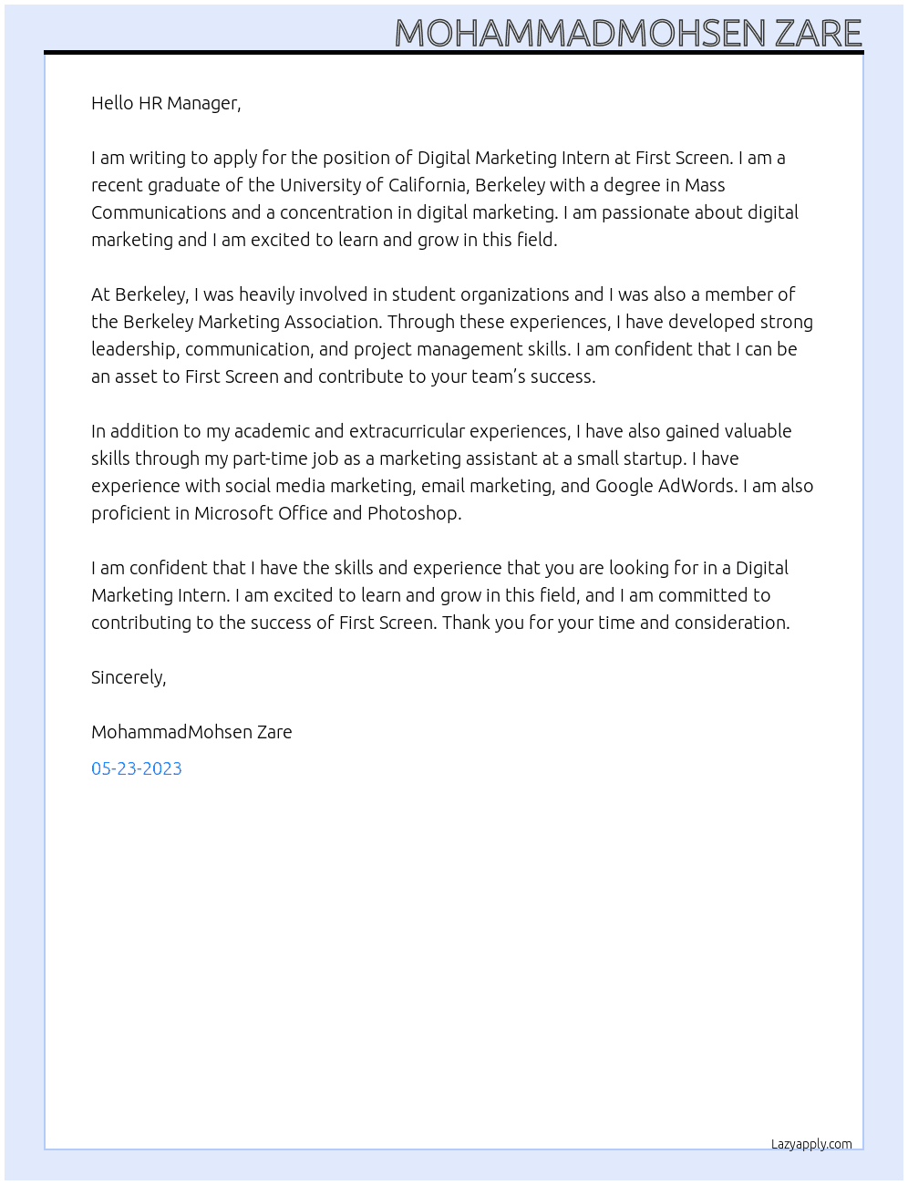 Digital marketing intern At First Screen Cover Letter
