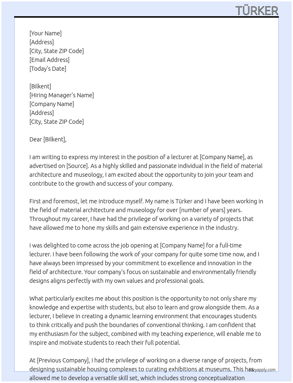 lecturer At mimarlık Cover Letter
