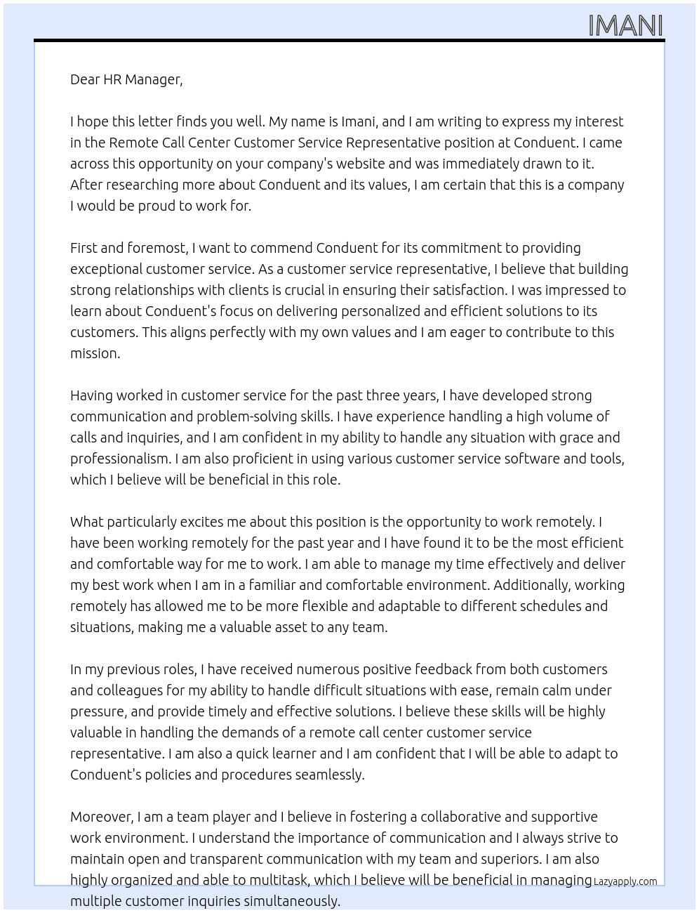 Remote Call Center Customer Service Representative At Conduent Cover Letter