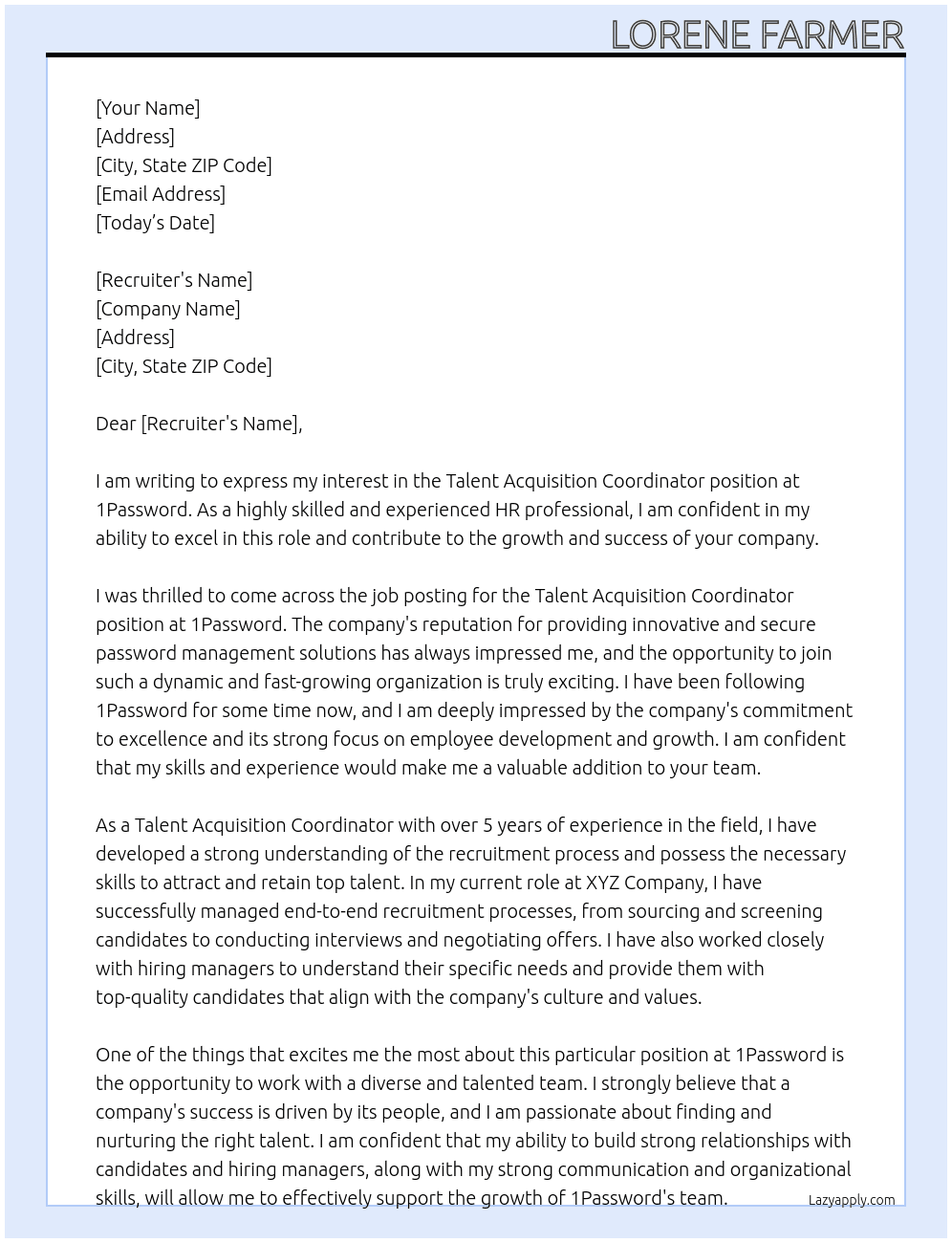 Talent Acquisition Coordinator At 1Password Cover Letter